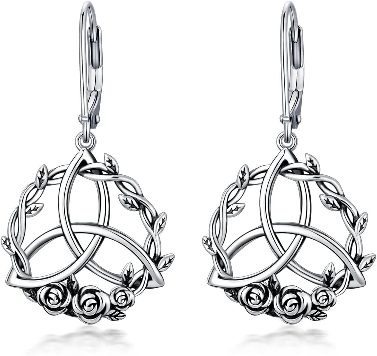 Sterling Silver Irish Celtic Earrings Claddagh Tree of Life Triquetra Trinity Knot Leverback Dangle Drop Vintage Round Lucky Jewelry Gifts for Women-Rose Flower