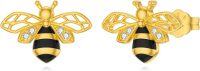 wholesale 925 Sterling Silver Plated Gold Bee Stud Earrings with Black and White Accents-Bee Earrings