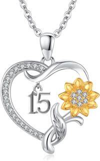 wholesale Sterling Silver Sunflower Heart Pendant Necklace for Women Girlfriend Sister 18th 15th 16th 21st th 80th Birthday Christmas Anniversary Jewelry Gift-15th