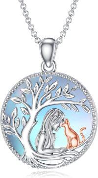 wholesale 925 Sterling Silver Moonstone Tree of Life Cat Pendant Necklace for Women Mom Wife Cat Lovers Gift-Tree of life women and cat necklace