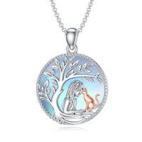 wholesale 925 Sterling Silver Moonstone Tree of Life Cat Pendant Necklace for Women Mom Wife Cat Lovers Gift-Tree of life women and cat necklace