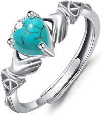 wholesale 925 Sterling Silver White Gold Plated Natural Heart Turquoise Claddagh Ring Adjustable Size 6-11-Style A