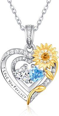 wholesale Sterling Silver 2 Birthstones Sunflower Heart Necklace for Women-04-12-Apr-Dec