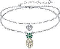 wholesale 925 Sterling Silver Pineapple Charm Heart Ankle Bracelet for Women Girls Minimalist Foot  4-8 Adjustable Chain Links Beach Summer Anklets Accessories Green Yellow Gold Tone-Layered pineapple anklets