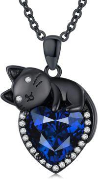 wholesale 925 Sterling Silver Blue Crystal Heart with Black Cat Charm Pendant Necklace for Women-Blue