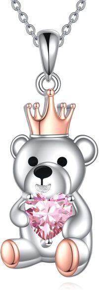 wholesale 925 Sterling Silver Teddy Bear Pendant Necklace with Pink Crystal Heart Animal s for Women-undefined