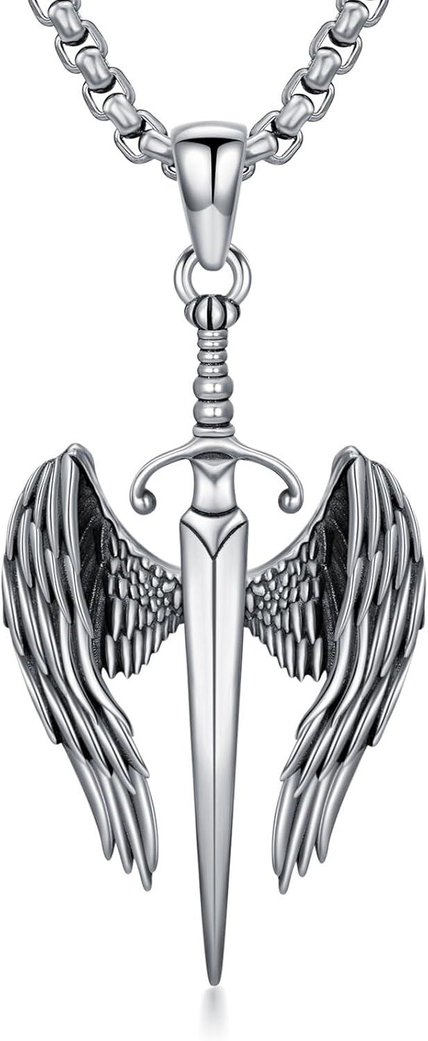 wholesale 925 Sterling Silver Angel Wing Sword Dagger Pendant Necklace for Men-0-0