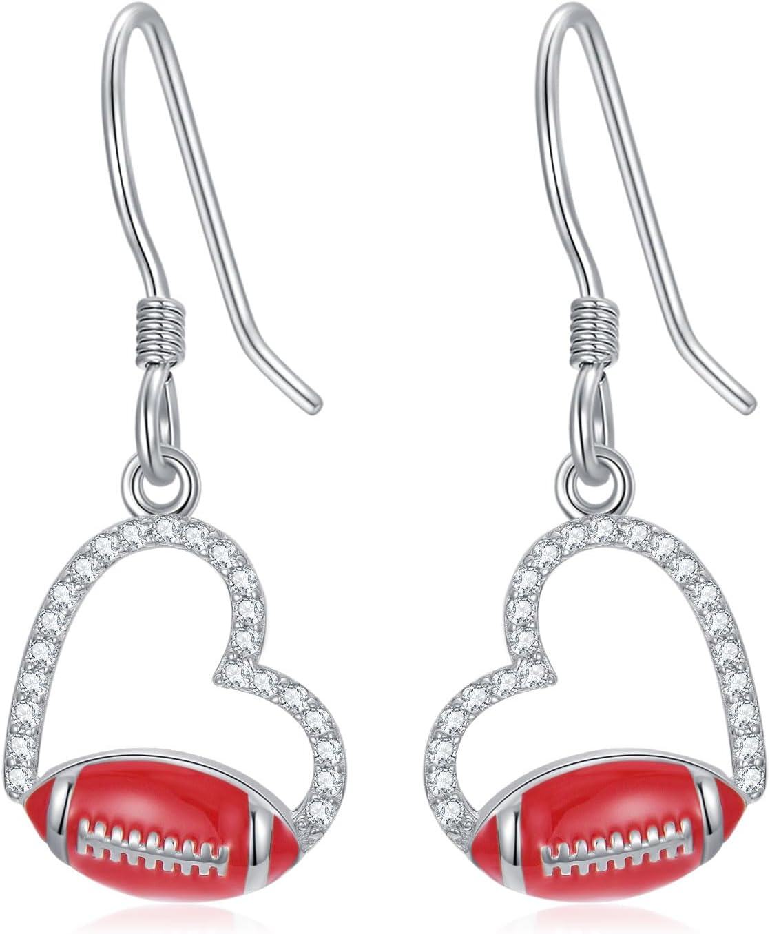  Sterling Silver Sports Earrings for Women Soccer Basketball Volleyball Softball Football Tennis Dangle Jewelry -Football-2