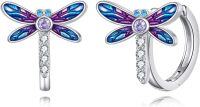 wholesale 925 Sterling Silver Dragonfly Huggie Hoop Earrings with Blue and Purple Enamel Gifts for Women-dragonfly