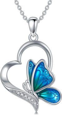 wholesale 925 Sterling Silver Heart-Shaped Pendant with Blue Butterfly and Cubic Zirconia Necklaces for Women-Blue Butterfly