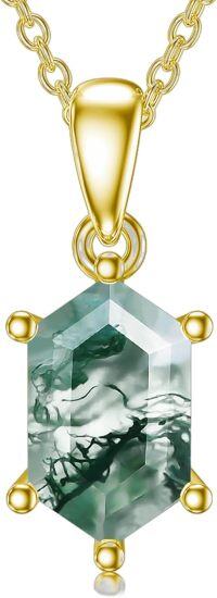 wholesale Gold-Plated 925 Sterling Silver Square Cut Moss Agate Pendant Necklace - Natural Green Gemstone Jewelry-Hexagon-Cut gold