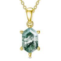 wholesale Gold-Plated 925 Sterling Silver Square Cut Moss Agate Pendant Necklace - Natural Green Gemstone Jewelry-Hexagon-Cut gold