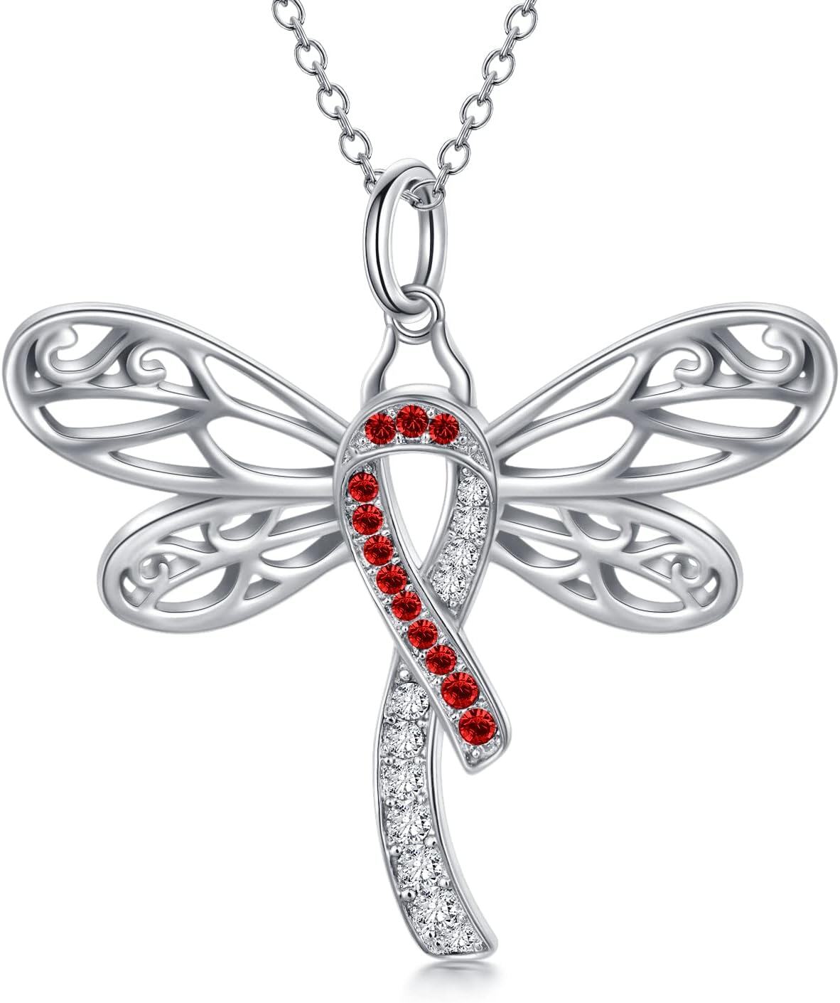  Silver Stone Cancer Survivor Necklace Women s Awareness Gift -02-Dragonfly-red white-02-Dragonfly-red white