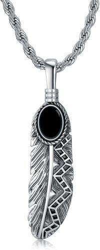 wholesale 925 Sterling Silver Feather Shape Black Onyx Stone Mens Womens Pendant Necklaces-Black Onyx