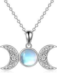 wholesale 925 Sterling Silver Rainbow Moonstone Triple Crescent Moon Goddess Necklace Pagan Jewelry-Moonstone