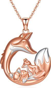 wholesale 925 Sterling Silver Rose Gold & White Fox Family Heart Pendant Necklace for Women-Style B-Mom and 2