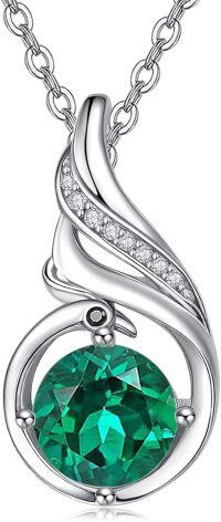 wholesale Sterling Silver Phoenix Birthstone Pendant Necklace for Women-05-Emerald