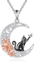 wholesale 925 Sterling Silver Crescent Moon Black Cat Butterfly Flower Charm Necklace for Women Girls Gifts CUTE ANIMAL JEWELRY 48 Chain Length-0-0