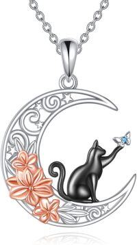 wholesale 925 Sterling Silver Crescent Moon Black Cat Butterfly Flower Charm Necklace for Women Girls Gifts CUTE ANIMAL JEWELRY 48 Chain Length-Black Cat-B