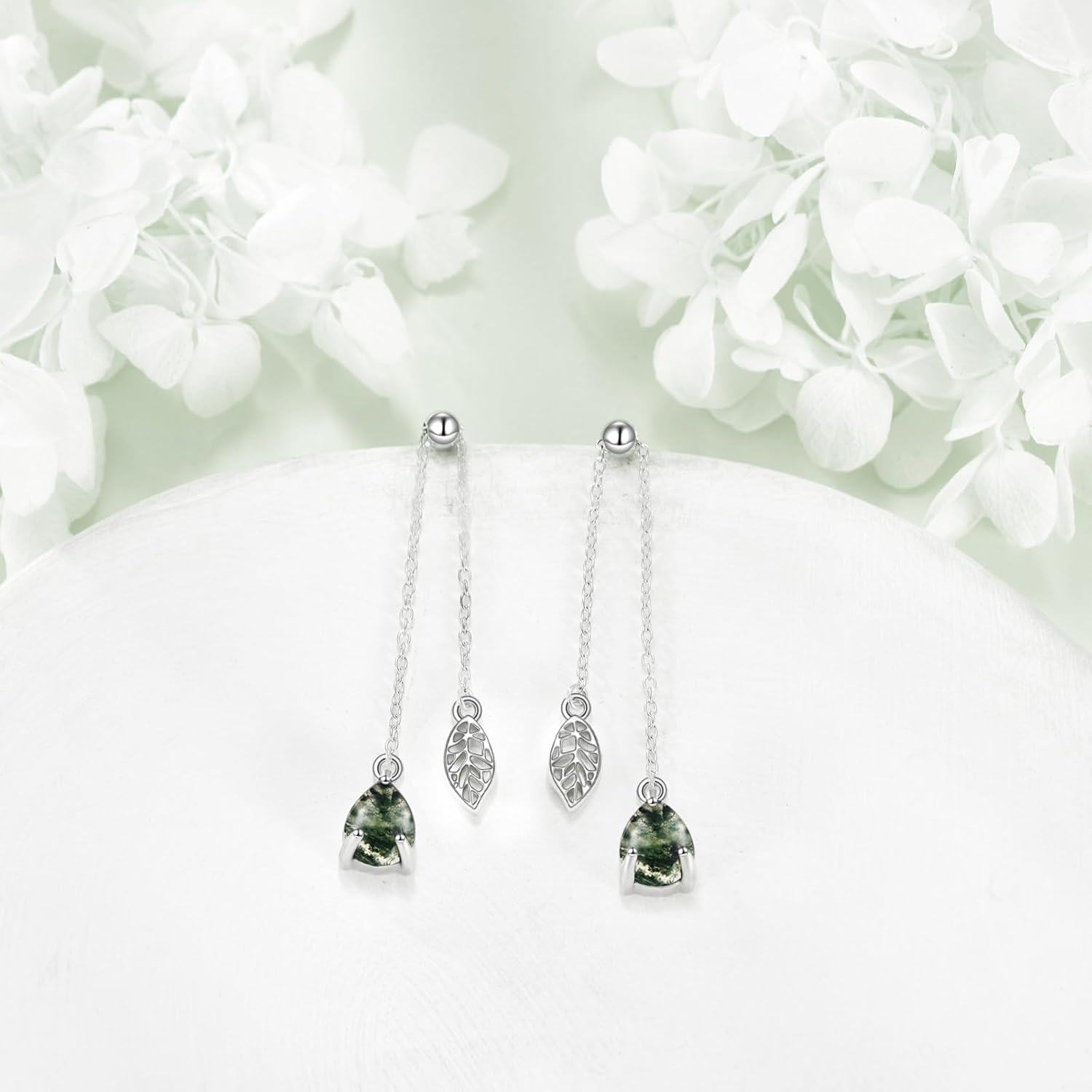 925 Sterling Silver Green Moss Agate Leaf Dangle Threader Earrings for Women-0-4
