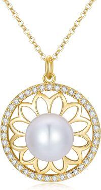 wholesale 14K Gold Freshwater Cultured Pearl Lotus Leaf Pendant Necklace for Women Wife Mother - Valentines Day Gift-B- Flower Pearl