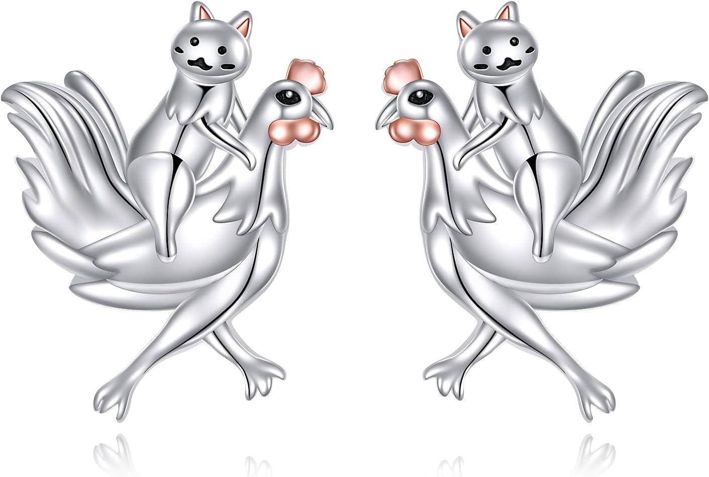 wholesale 925 Sterling Silver Chicken and Cat Stud Earrings Cute Animal Jewelry for Women Mom Mother's Day Gifts-0-0