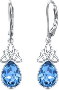 wholesale Sterling Silver Crystal Leverback Celtic Knot Birthstone Drop Earrings for Women-December Birthstone-Blue Crystal