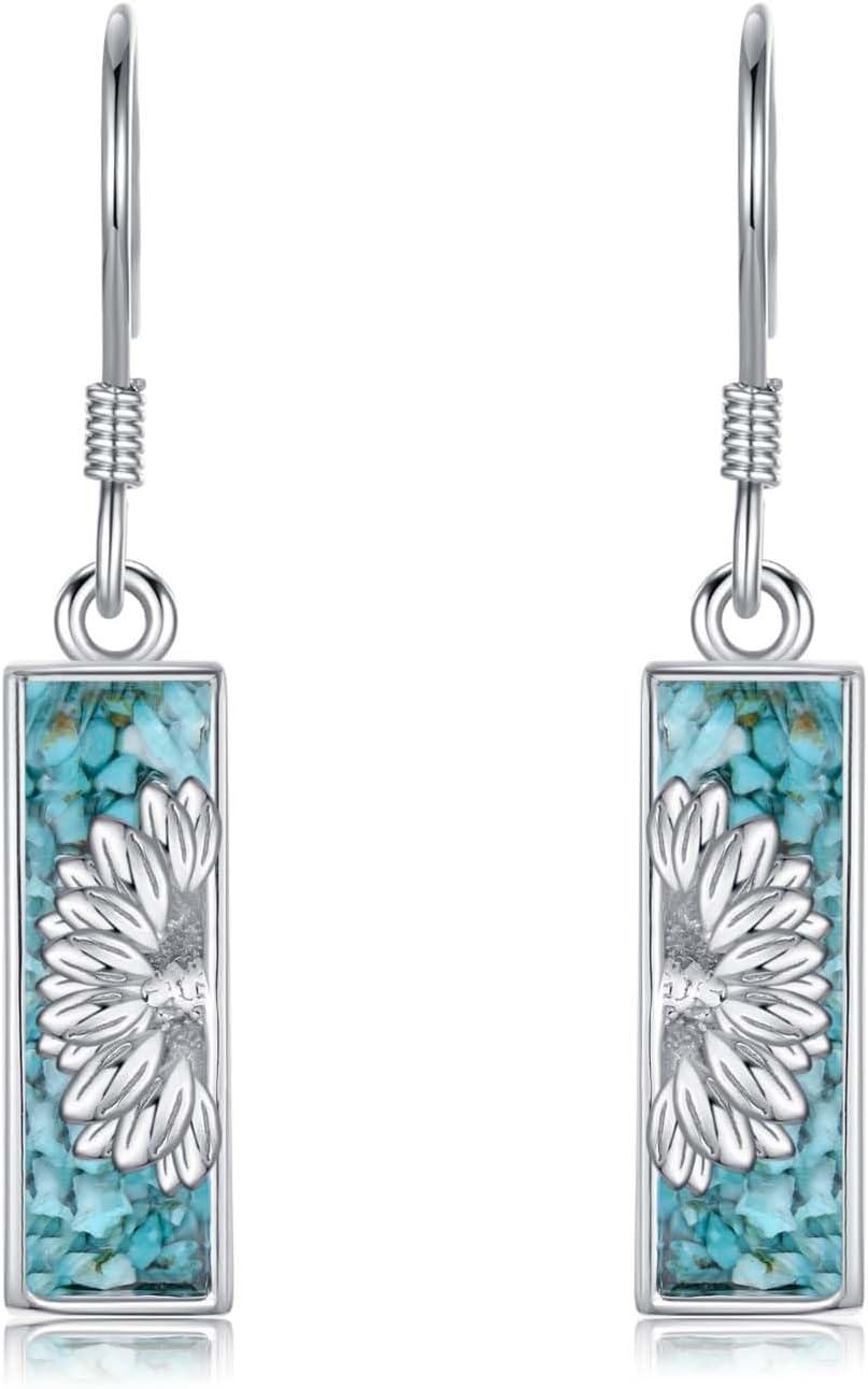 925 Sterling Silver Turquoise Flower Drop Earrings-0-0