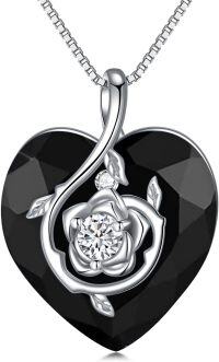 wholesale Sterling Silver Birthstone Heart Rose Pendant Necklace for Women-Black Onyx