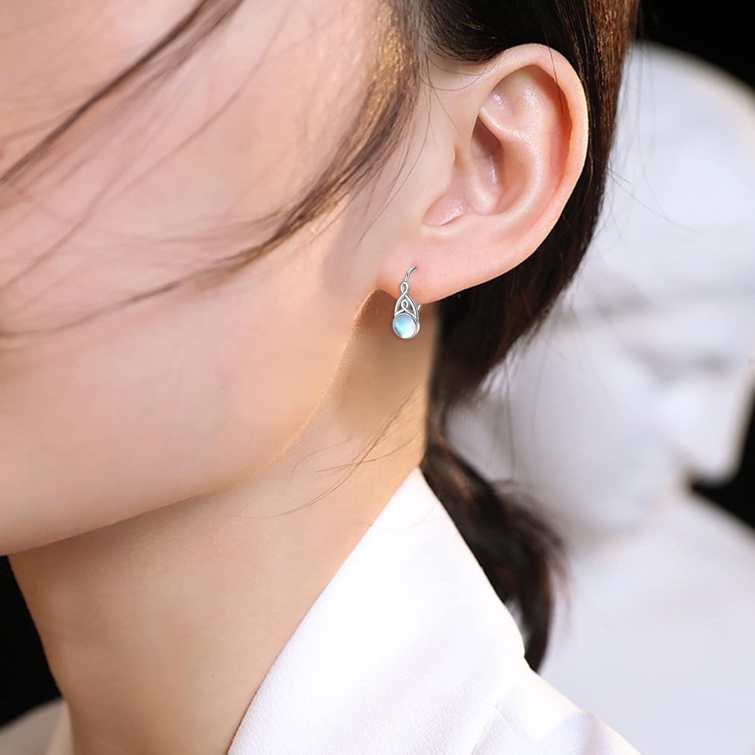 925 Sterling Silver Round Blue Moonstone Celtic Knot Leverback Drop Earrings-0-1