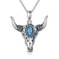 wholesale 925 Sterling Silver Turquoise Bull Skull Pendant Necklace-Bull Skull