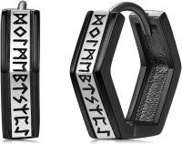 wholesale 925 Sterling Silver Norse Viking Runes Hinged Hoops with Black Onyx Gemstone - Gift for Him/Her-Black-2