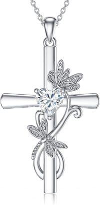 wholesale Sterling Silver Birthstone Dragonfly Cross Pendant Necklace for Women-04-April