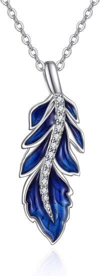 wholesale 925 Sterling Silver Blue Enamel CZ Leaf Pendant Necklace for Women-blue