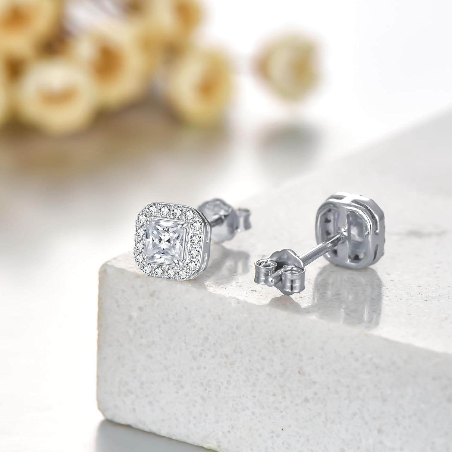 wholesale 925 Sterling Silver Platinum Asscher Cut Halo Stud Earrings with Moissanites and Cubic Zirconia (D Color VVS Clarity)-0-2