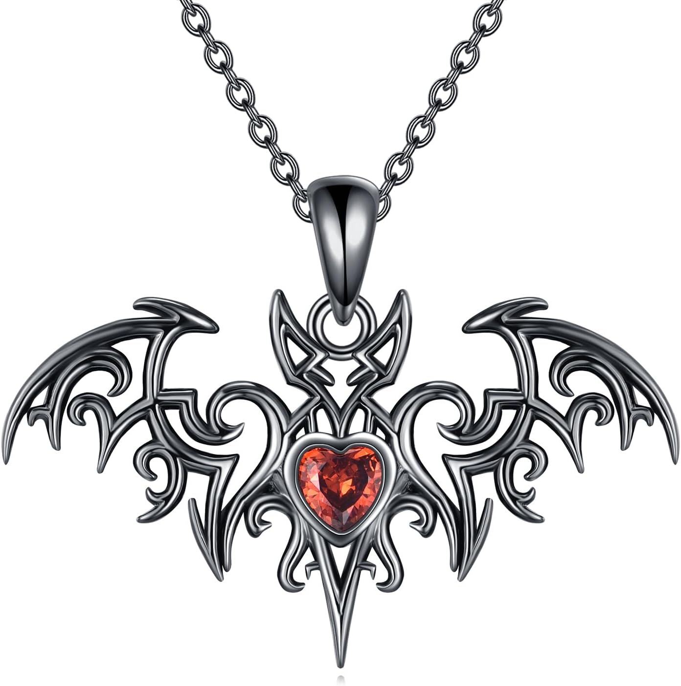  Sterling Silver Heart Necklace w Gothic Punk Red Heart Pendant Skeleton Skull Scythe Bat Music Envelope Paper Airplane Design -G-Bat-2