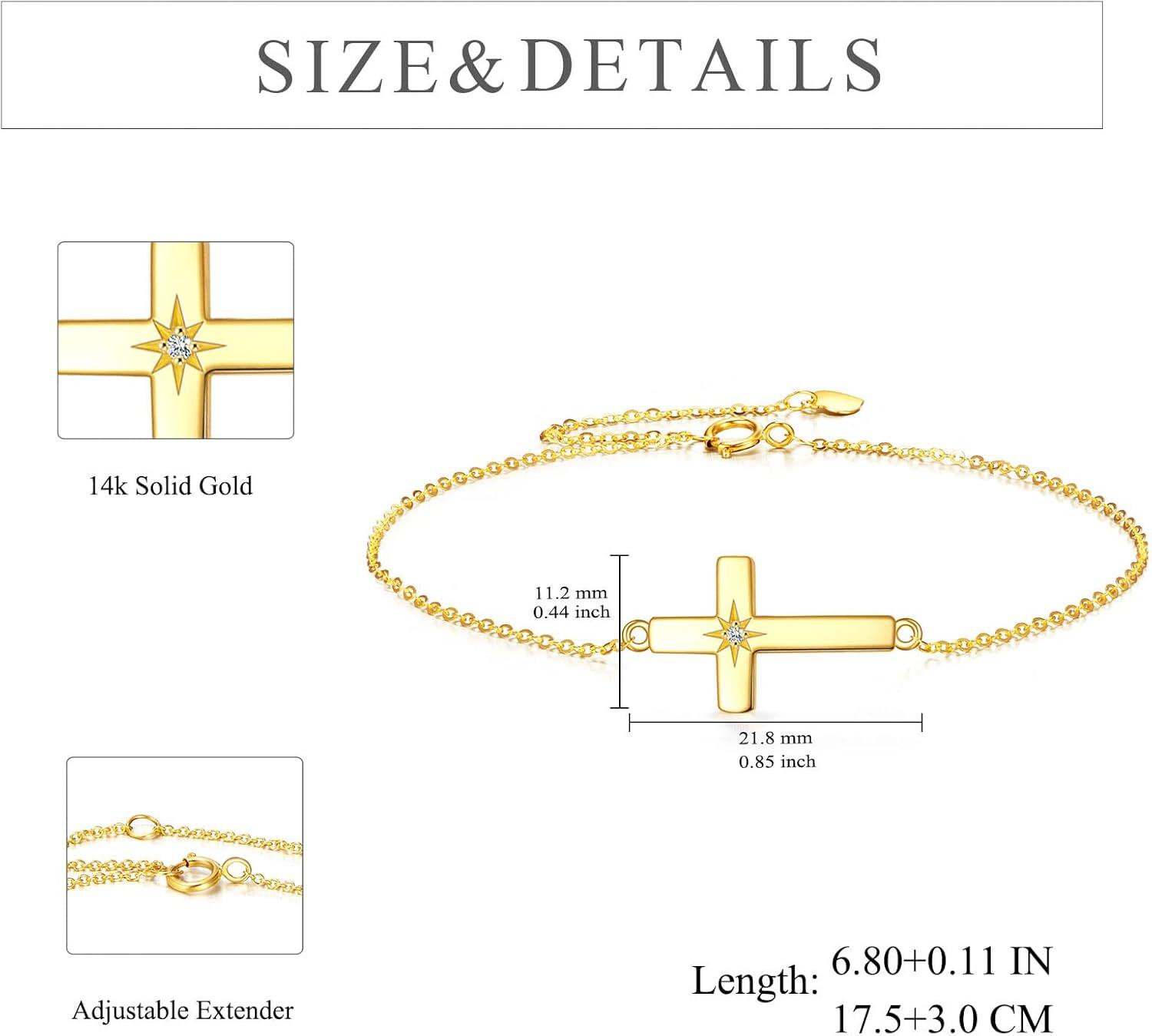 wholesale 14K Gold Sideways Cross CZ Star Charm Chain Link Bracelet for Women Adjustable Religious s-0-6