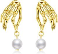 wholesale 925 Sterling Silver Plated Gold Pearl Skeleton Hand Dangle Earrings Gothic Halloween  for Her-Pearl-A