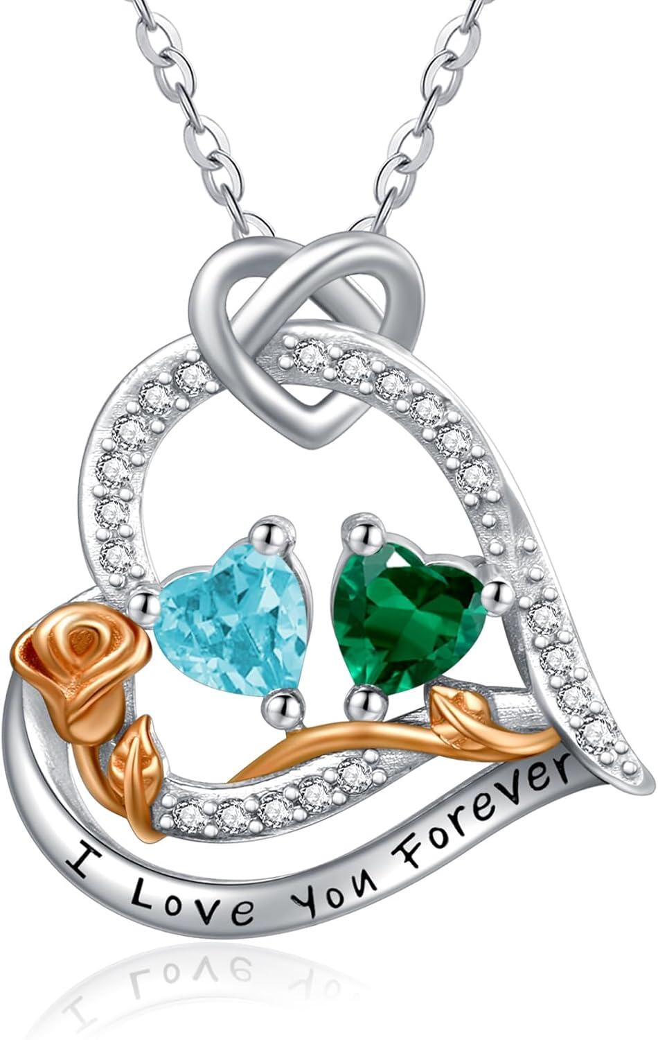  Sterling Silver 2 Birthstones Rose Heart Necklace for Women -03-05-Mar-May
