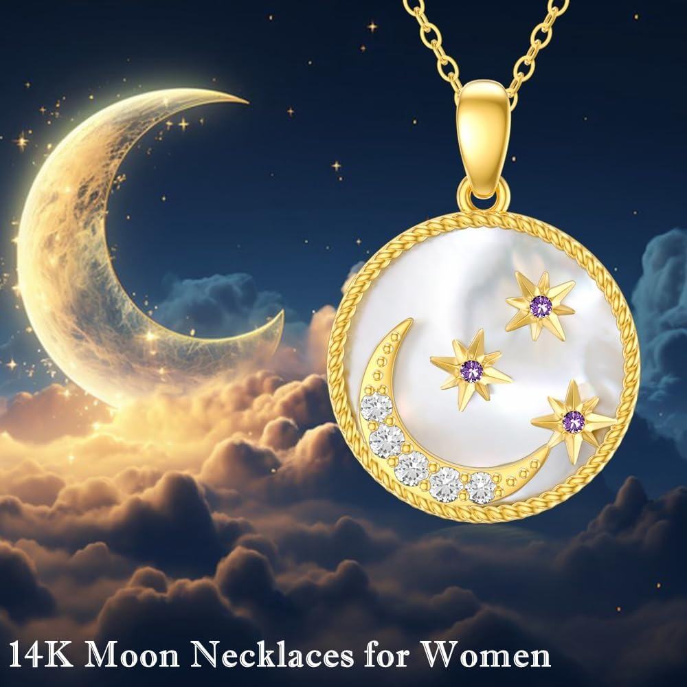 Yellow Gold 14K Moon Pendant Necklace for Women with Stone-0-1