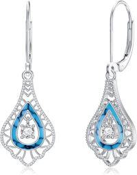 wholesale 925 Sterling Silver Blue Turquoise Teardrop Dangle Earrings with CZ Stones for Women (Lever Back)-02-Style 2