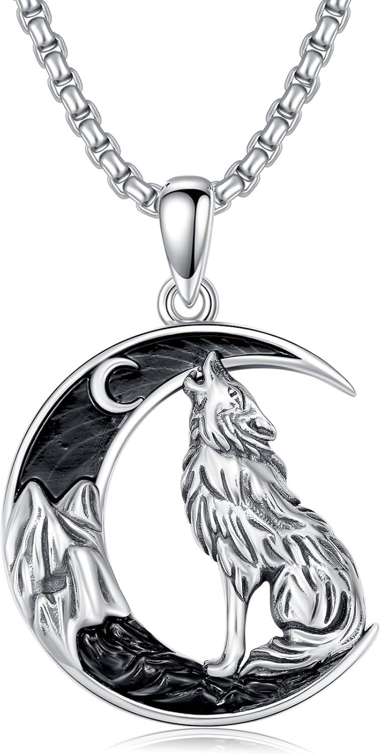  Sterling Silver Black Moon Mountain Pendant Goth Jewelry for Men Women -Wolf
