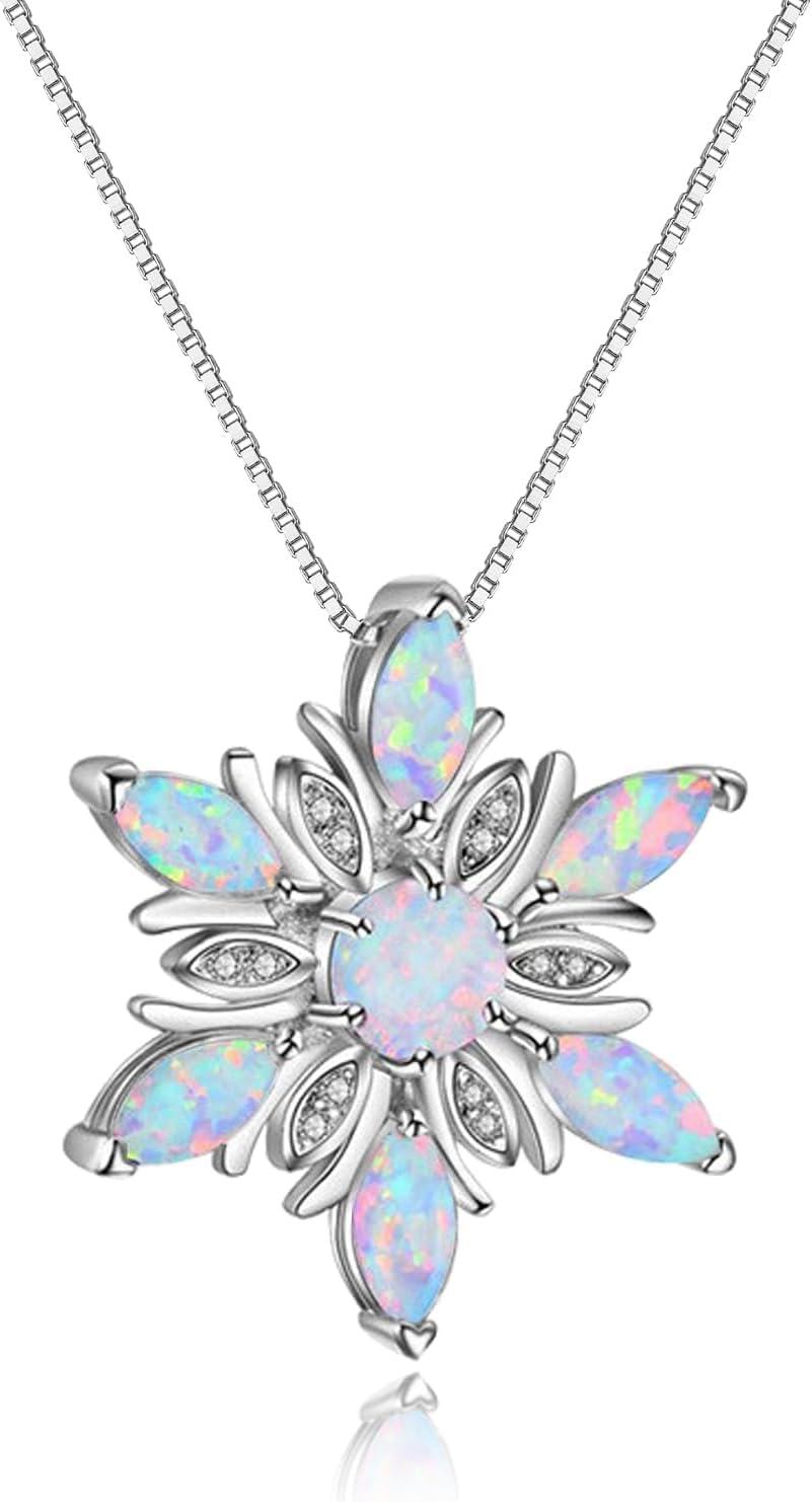Sterling Silver Cubic Zirconia Opal Snowflake Necklace Winter Gift-0-1
