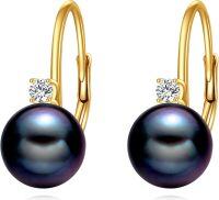 wholesale 14K Gold Black Pearl Leverback Hoop Earrings for Women Anniversary Gift-Black Pearl