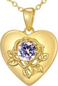 wholesale Silver Birthstone Heart Rose Pendant Necklace for Women Wife Mother-Light Purple