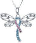 wholesale Sterling Silver Pink & Blue Austrian Crystal Dragonfly Pregnancy Loss Awareness Ribbon Pendant Necklace, Hypoallergenic, 18+2 Adjustable, Gift Box-0-0