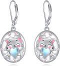 wholesale 925 Sterling Silver Moonstone Heart Cat Dangle Earrings for Women Girls Gift Leverback Jewelry Accessories-0-0