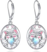 wholesale 925 Sterling Silver Moonstone Heart Cat Dangle Earrings for Women Girls Gift Leverback Jewelry Accessories-cat-2