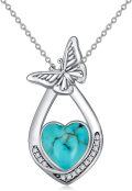 wholesale 925 Sterling Silver Heart-Shaped Turquoise and Cubic Zirconia Butterfly Pendant Necklace-0-0