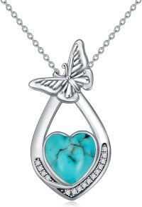 wholesale 925 Sterling Silver Heart-Shaped Turquoise and Cubic Zirconia Butterfly Pendant Necklace-Butterfly